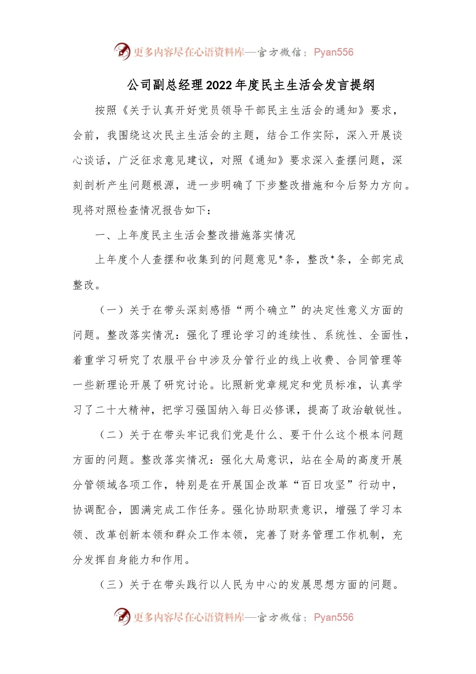 公司副总经理2022年度民主生活会发言提纲.docx_第1页