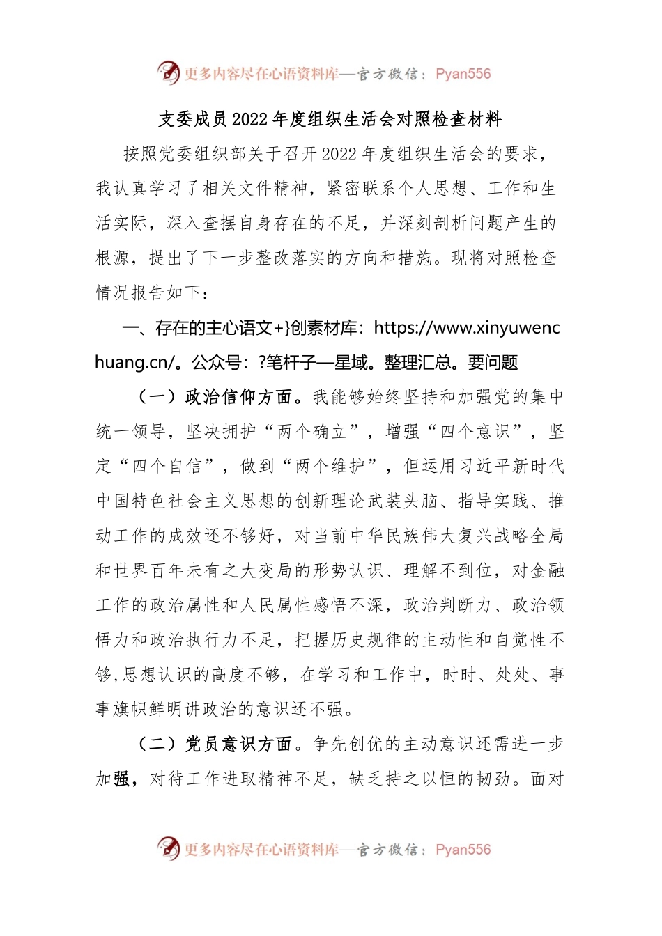 党员意识方面存在的问题及整改措施支委成员2022年度组织生活会对照检查材料.docx_第1页