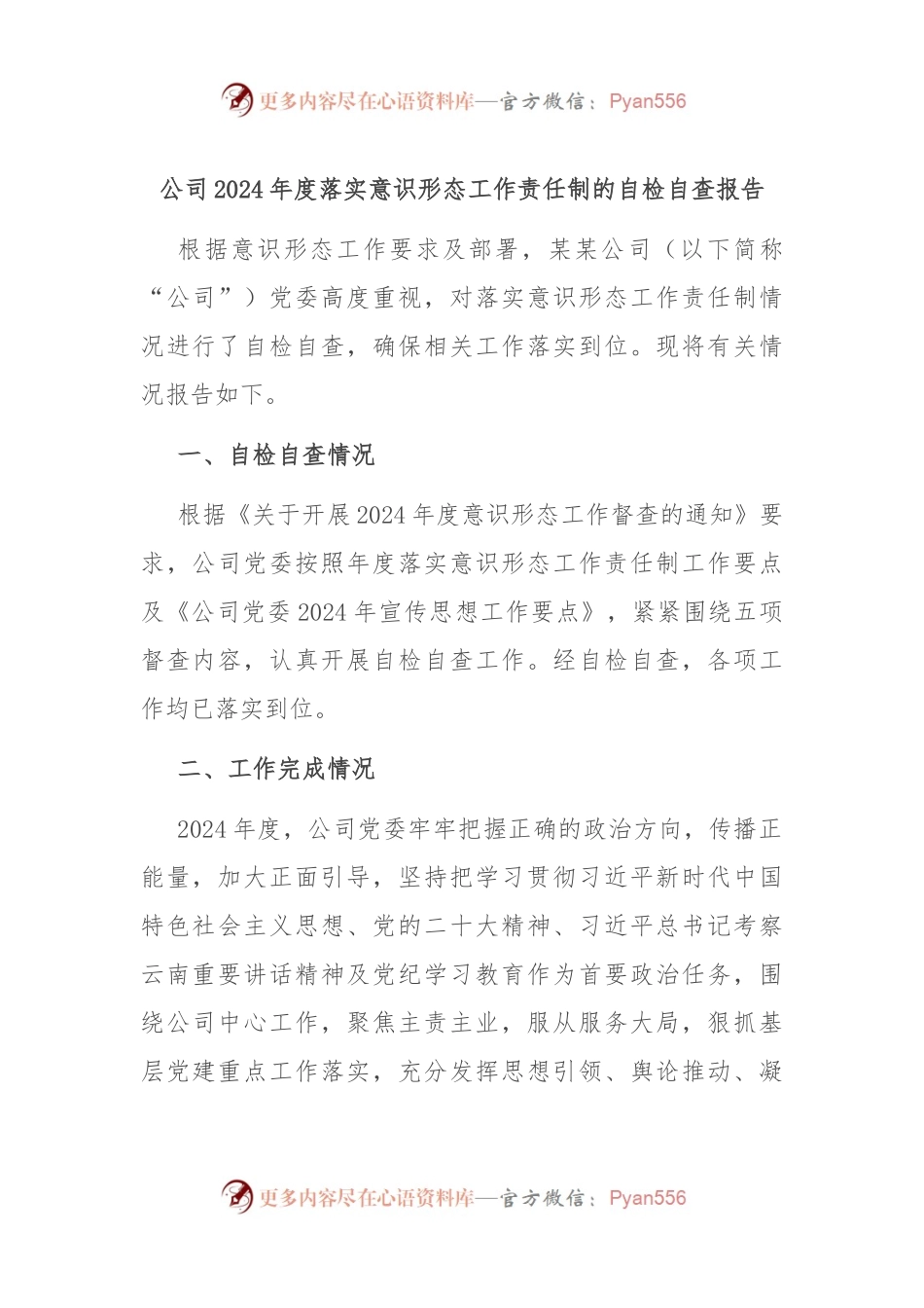 公司2024年度落实意识形态工作责任制的自检自查报告.docx_第1页