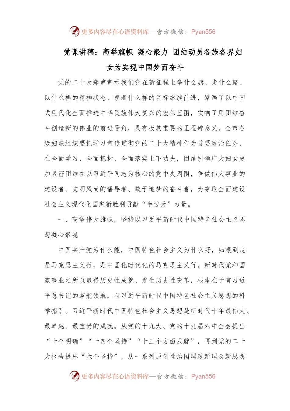 党课讲稿：高举旗帜 凝心聚力 团结动员各族各界妇女为实现中国梦而奋斗.docx_第1页