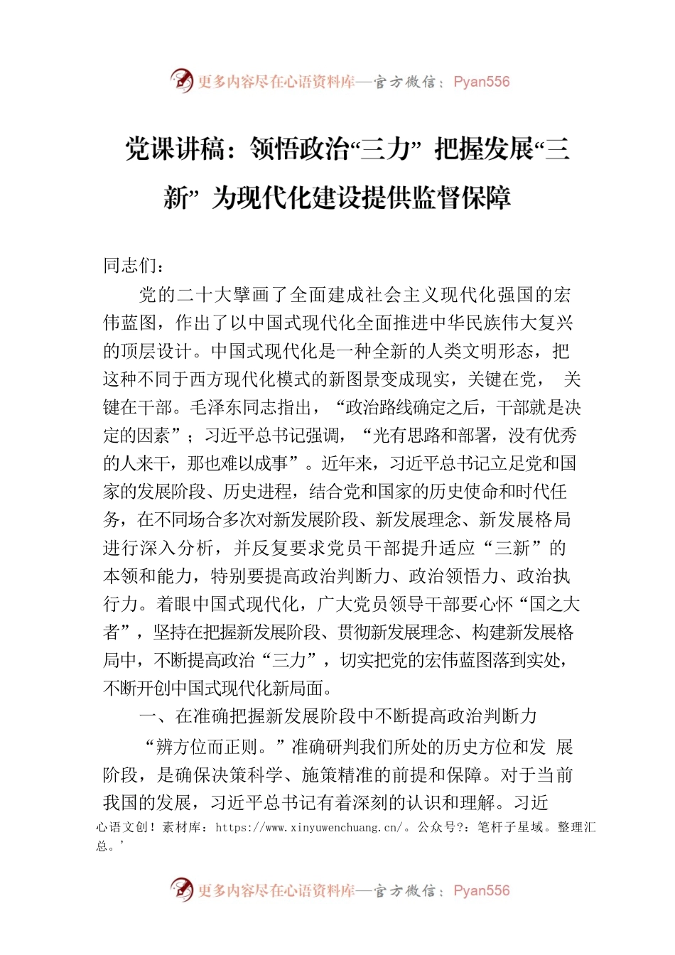 党课讲稿：领悟政治“三力” 把握发展“三新” 为现代化建设提供监督保障.docx_第1页