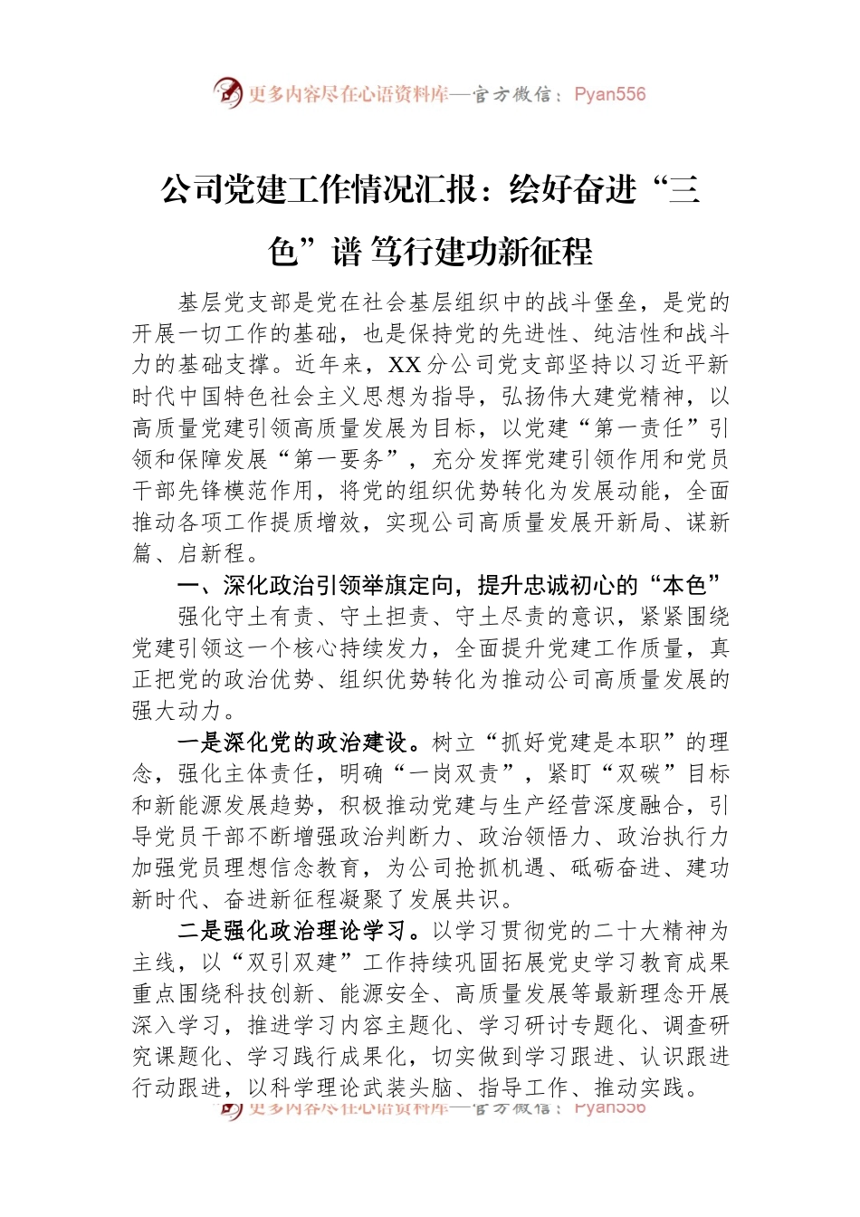 公司党建工作情况汇报：绘好奋进“三色”谱+笃行建功新征程.docx_第1页