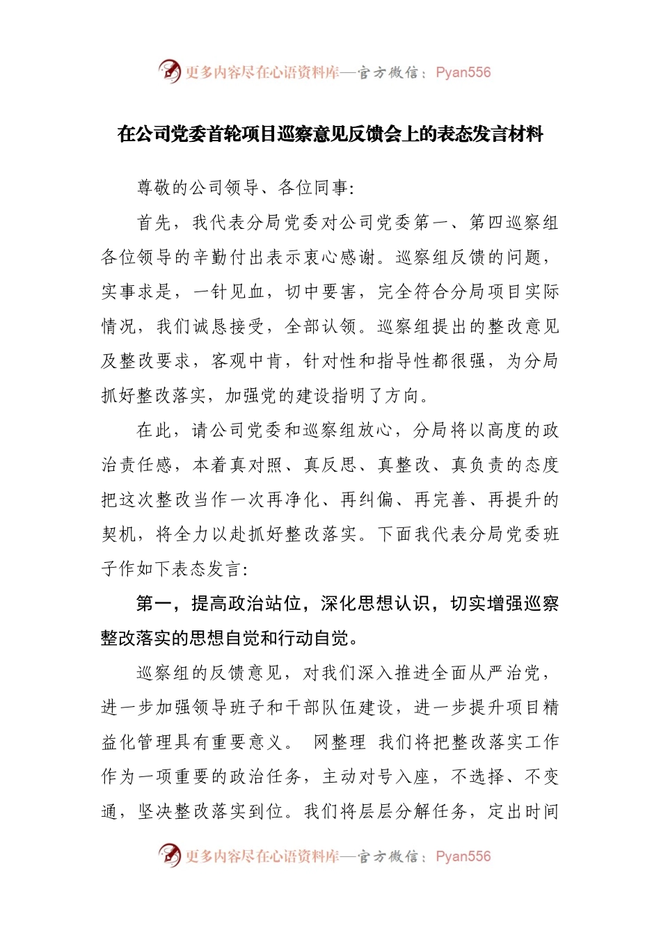 公司在巡察意见反馈会上的表态发言材料.docx_第1页