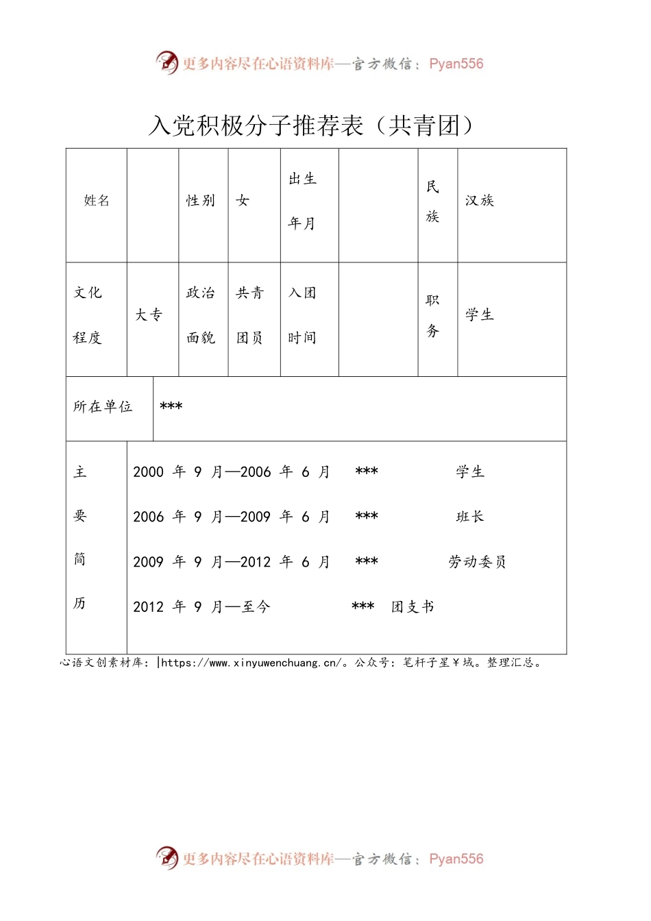 入党积极分子推荐表(共青团、工会或妇联).docx_第1页