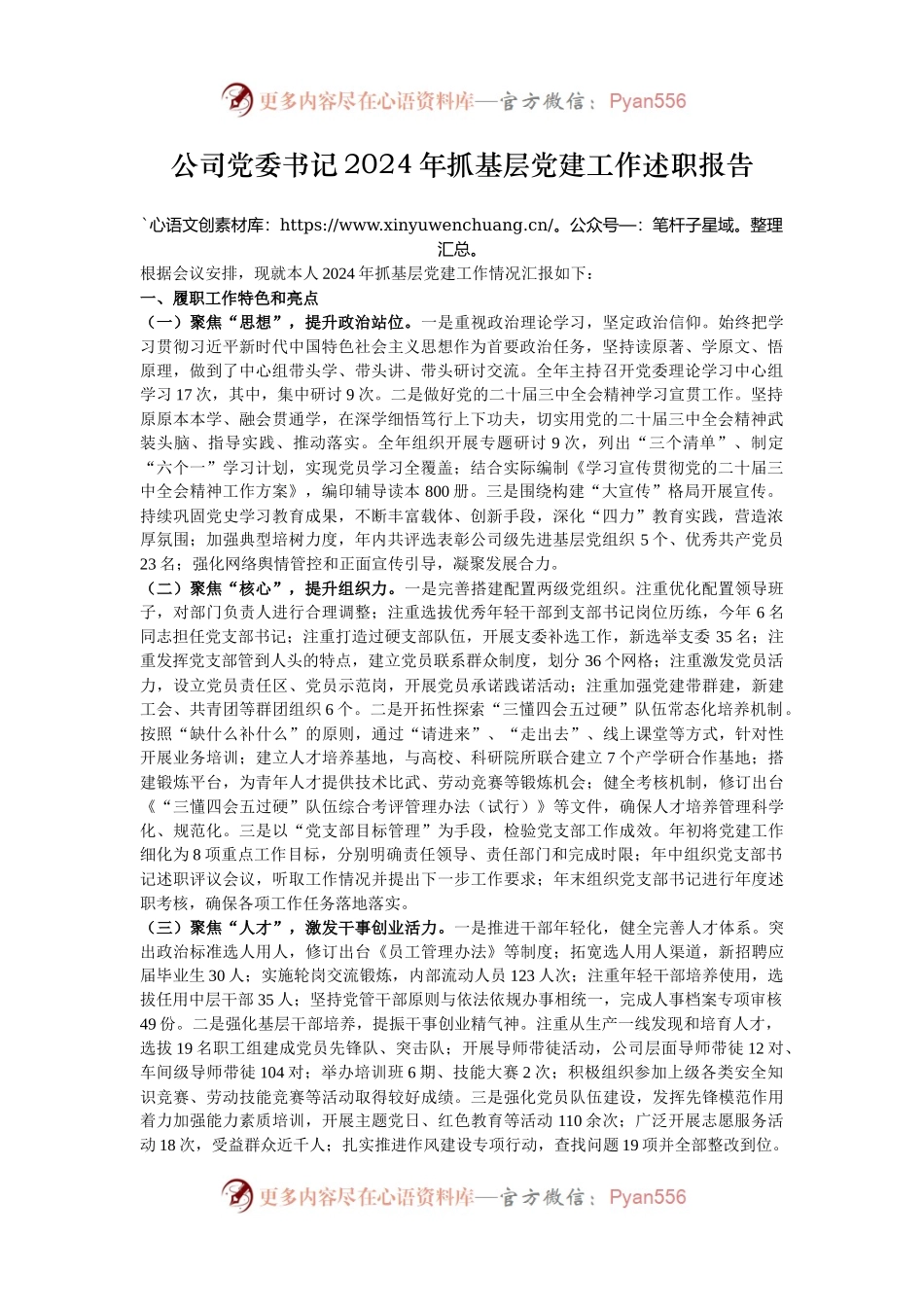 公司党委书记2024年抓基层党建工作述职报告.docx_第1页