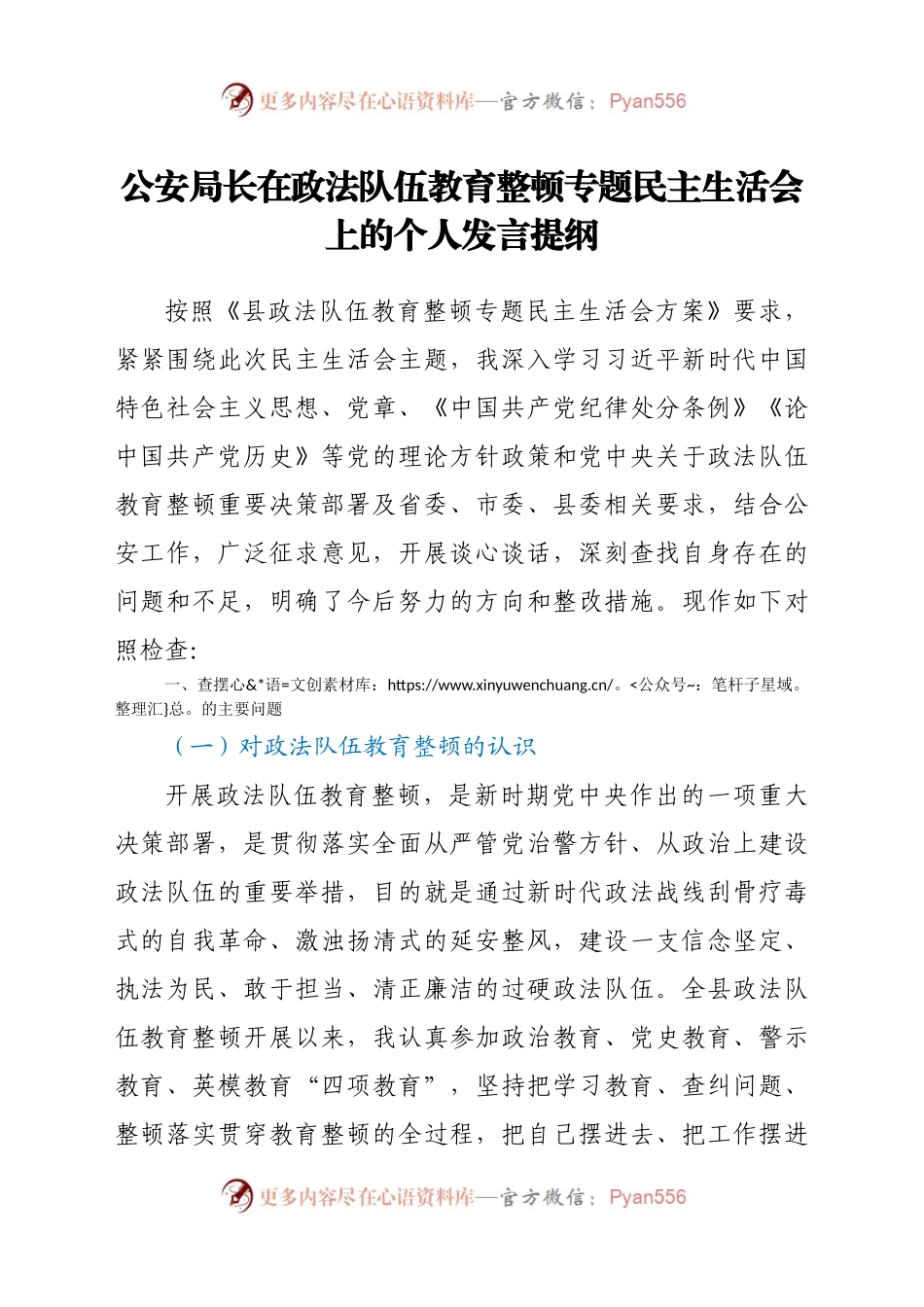 公安局长在政法队伍教育整顿专题民主生活会上的个人发言提纲.docx_第1页