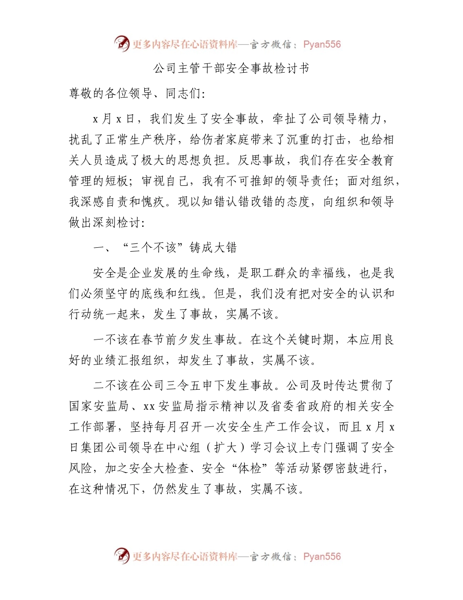公司主管干部安全事故检讨书.docx_第1页