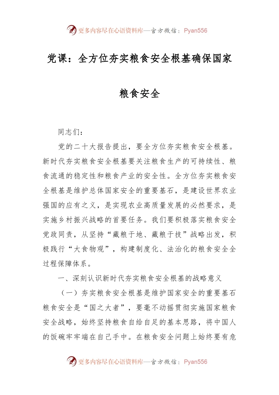 党课：全方位夯实粮食安全根基 确保国家粮食安全.docx_第1页
