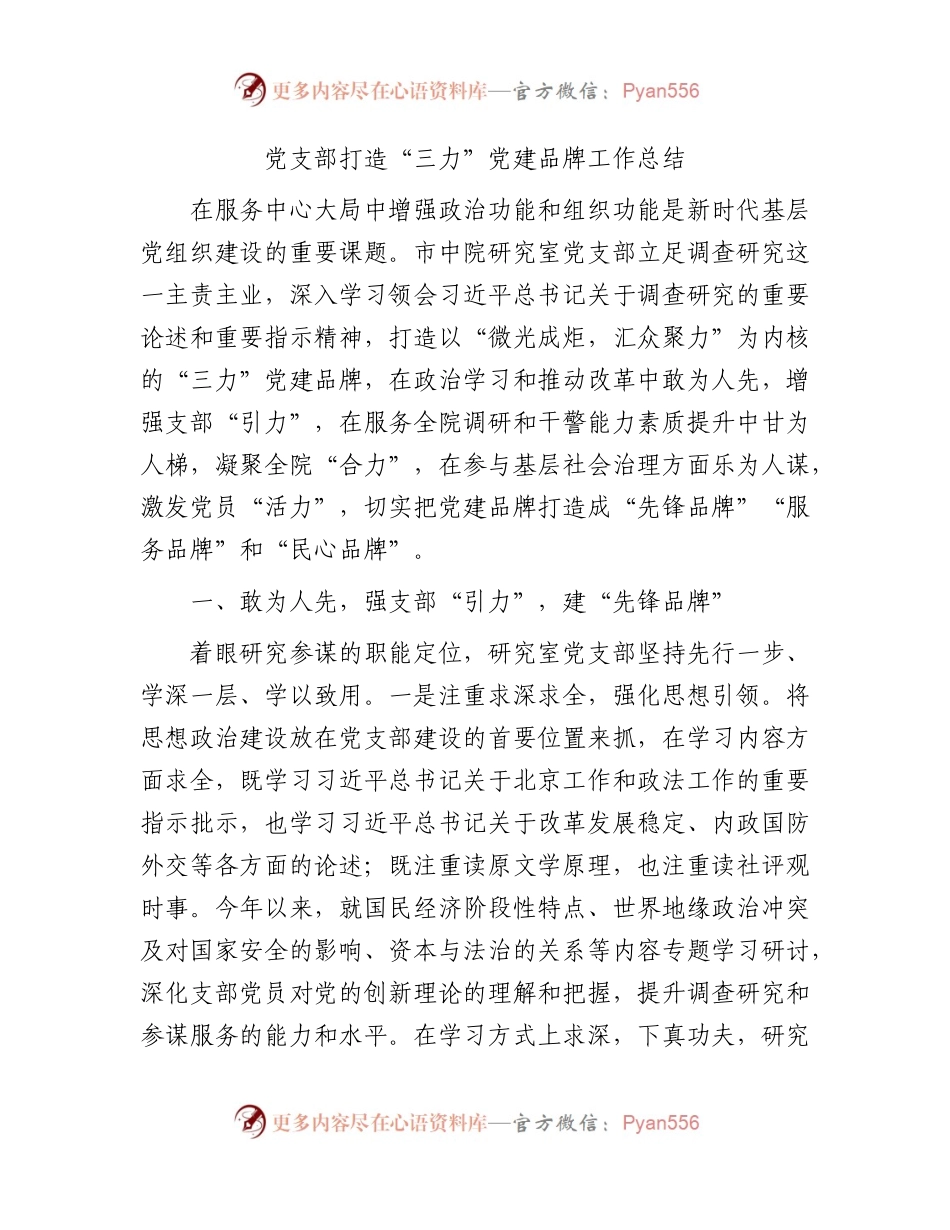 党支部打造“三力”党建品牌工作总结2300字.docx_第1页