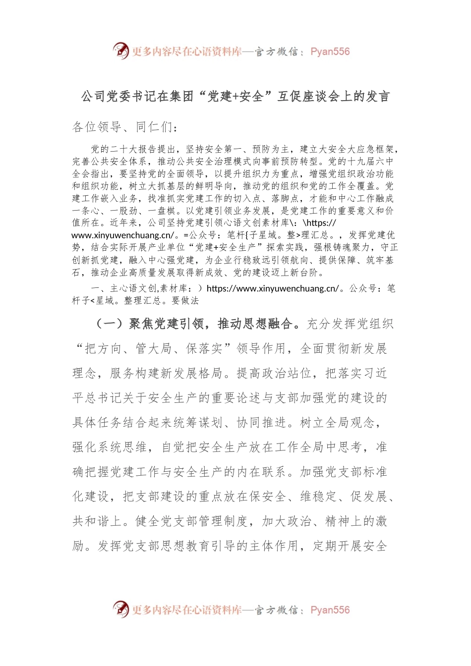 公司党委书记在集团“党建+安全”互促座谈会上的发言.docx_第1页