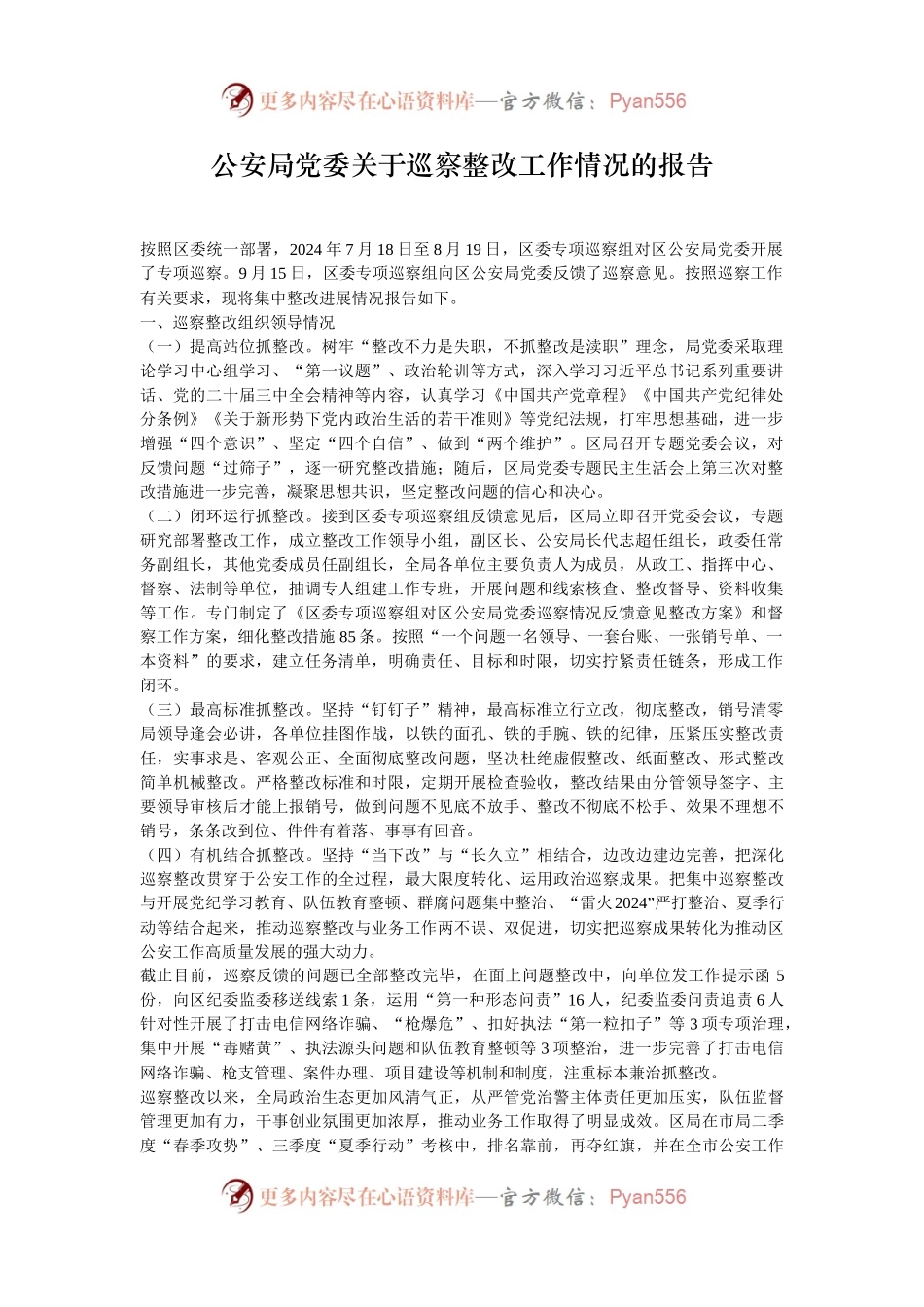 公安局党委关于巡察整改工作情况的报告.docx_第1页