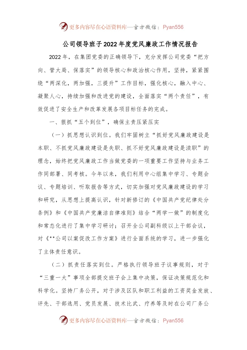 公司领导班子2022年度党风廉政工作情况报告.docx_第1页