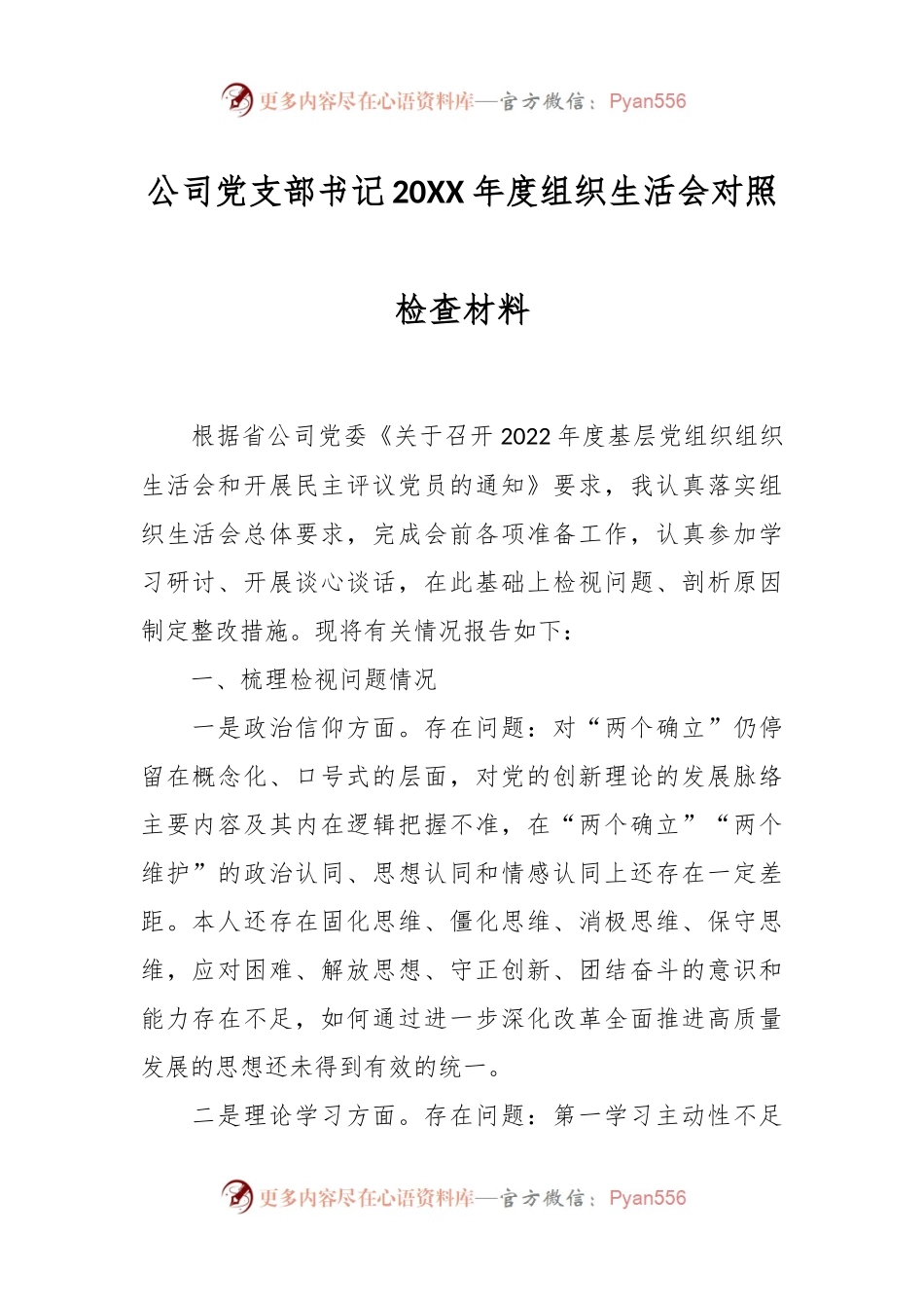 公司党支部书记20XX年度组织生活会对照检查材料.docx_第1页