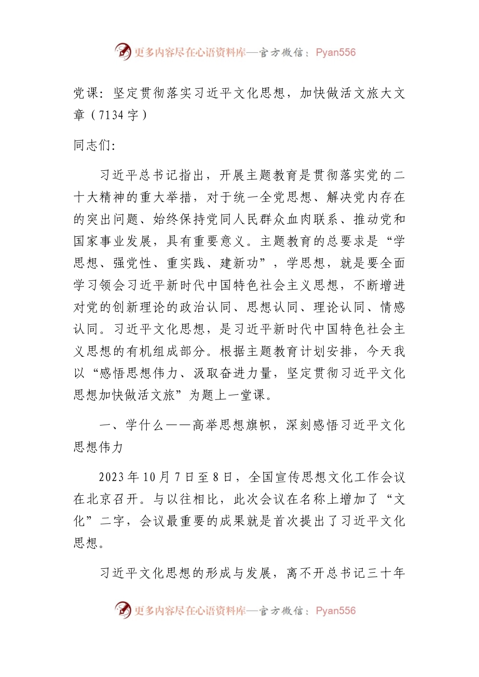 党课：坚定贯彻落实文化思想，加快做活文旅大文章.docx_第1页