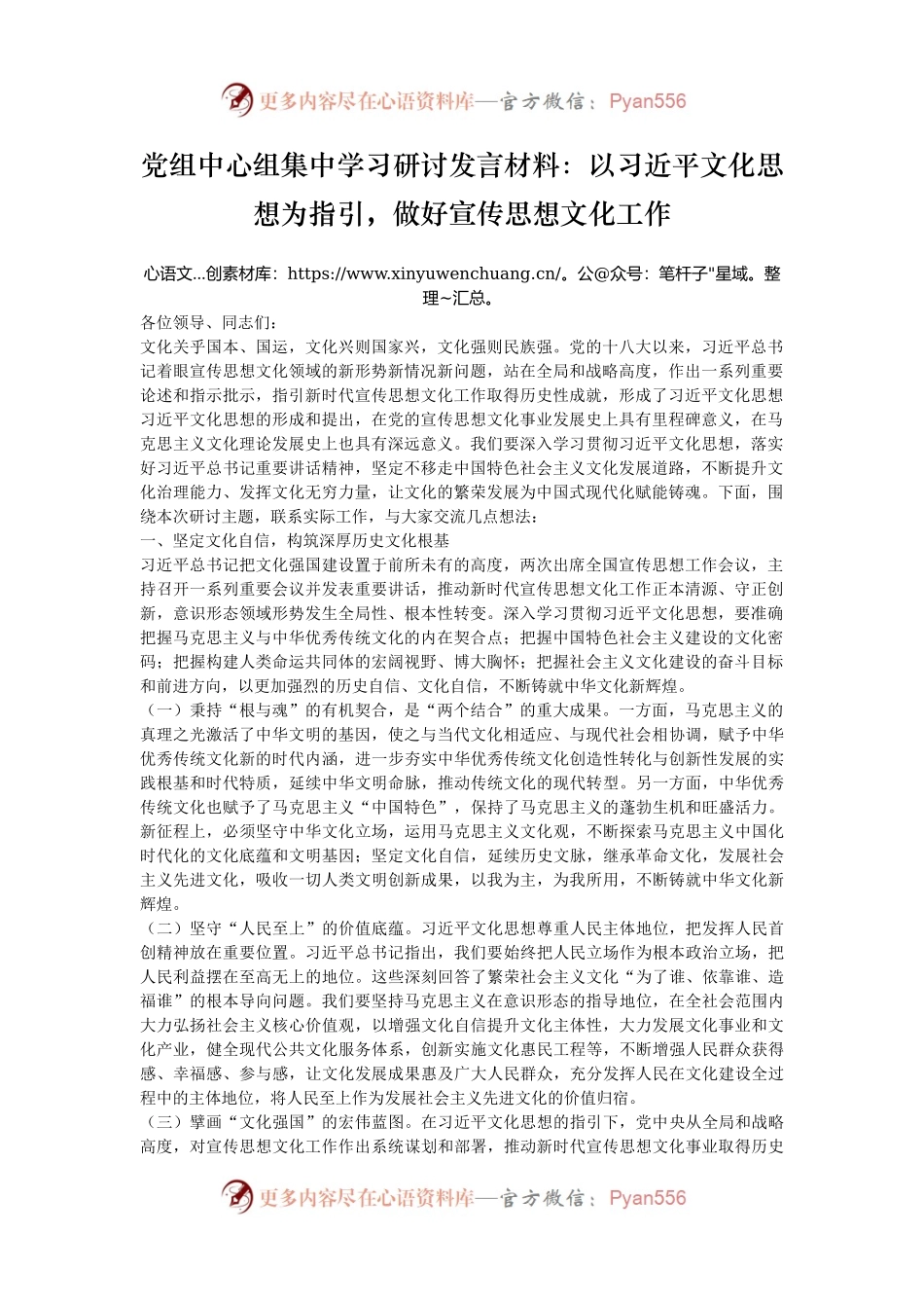 党组中心组集中学习研讨发言材料：以习近平文化思想为指引，做好宣传思想文化工作.docx_第1页