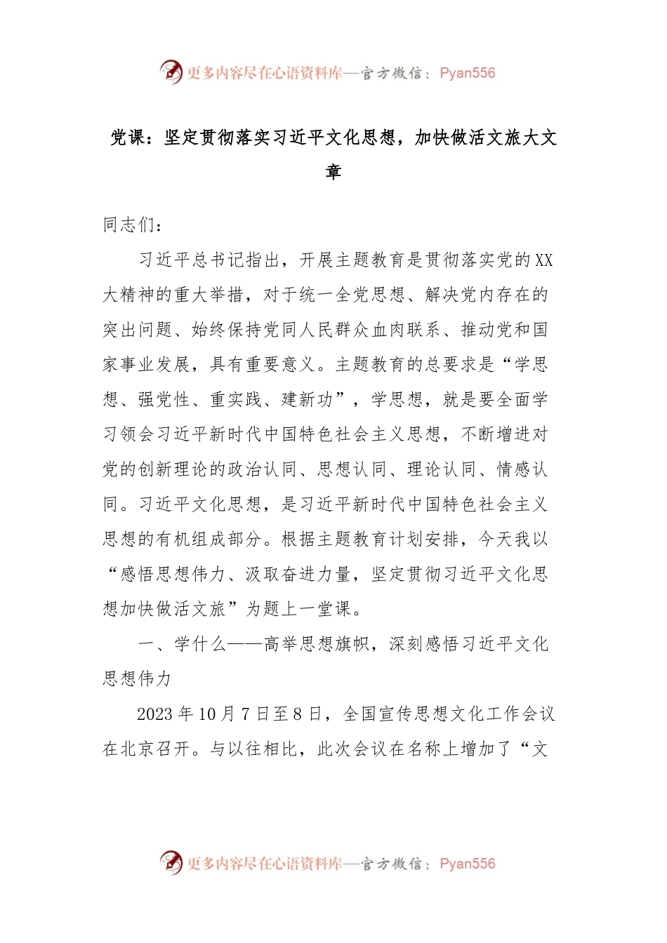 党课：坚定贯彻落实习近平文化思想，加快做活文旅大文章.docx_第1页