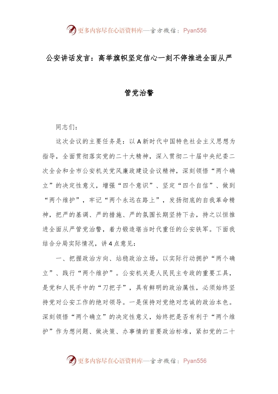 公安讲话发言：高举旗帜 坚定信心 一刻不停推进全面从严管党治警.docx_第1页