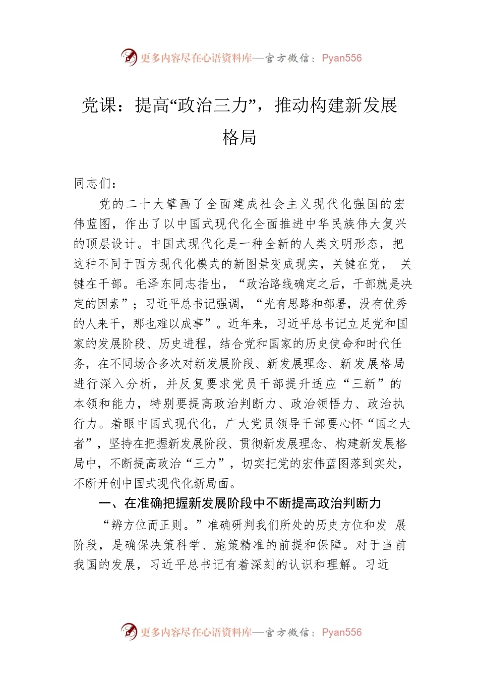 党课：提高“政治三力”，推动构建新发展格局.docx_第1页