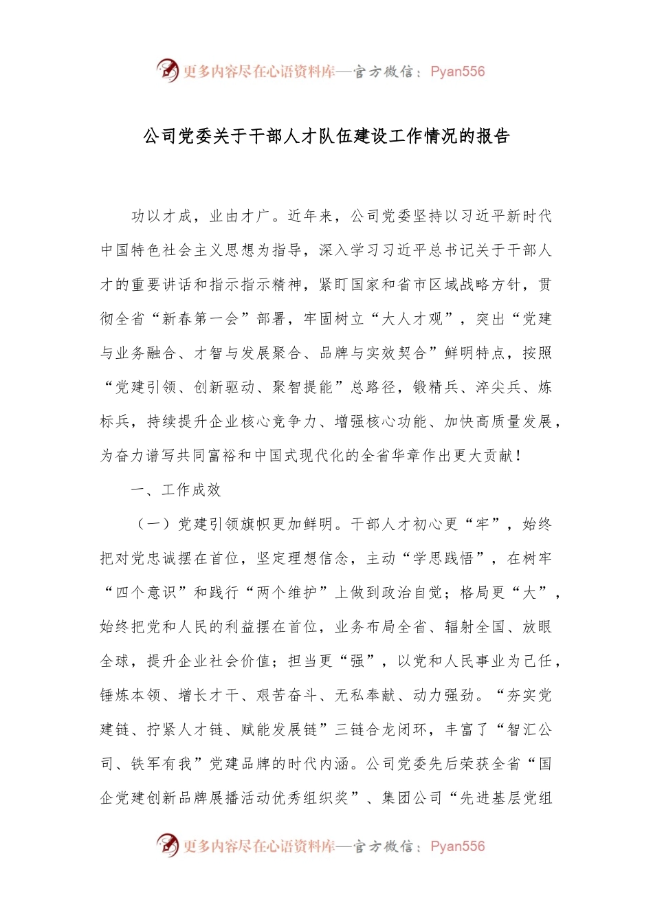 公司党委关于干部人才队伍建设工作情况的报告.docx_第1页