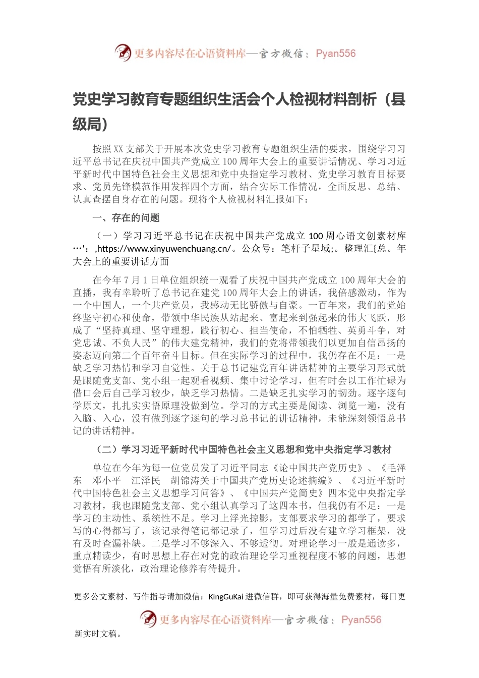 党史学习教育专题组织生活会个人检视材料剖析（县级局）.docx_第1页