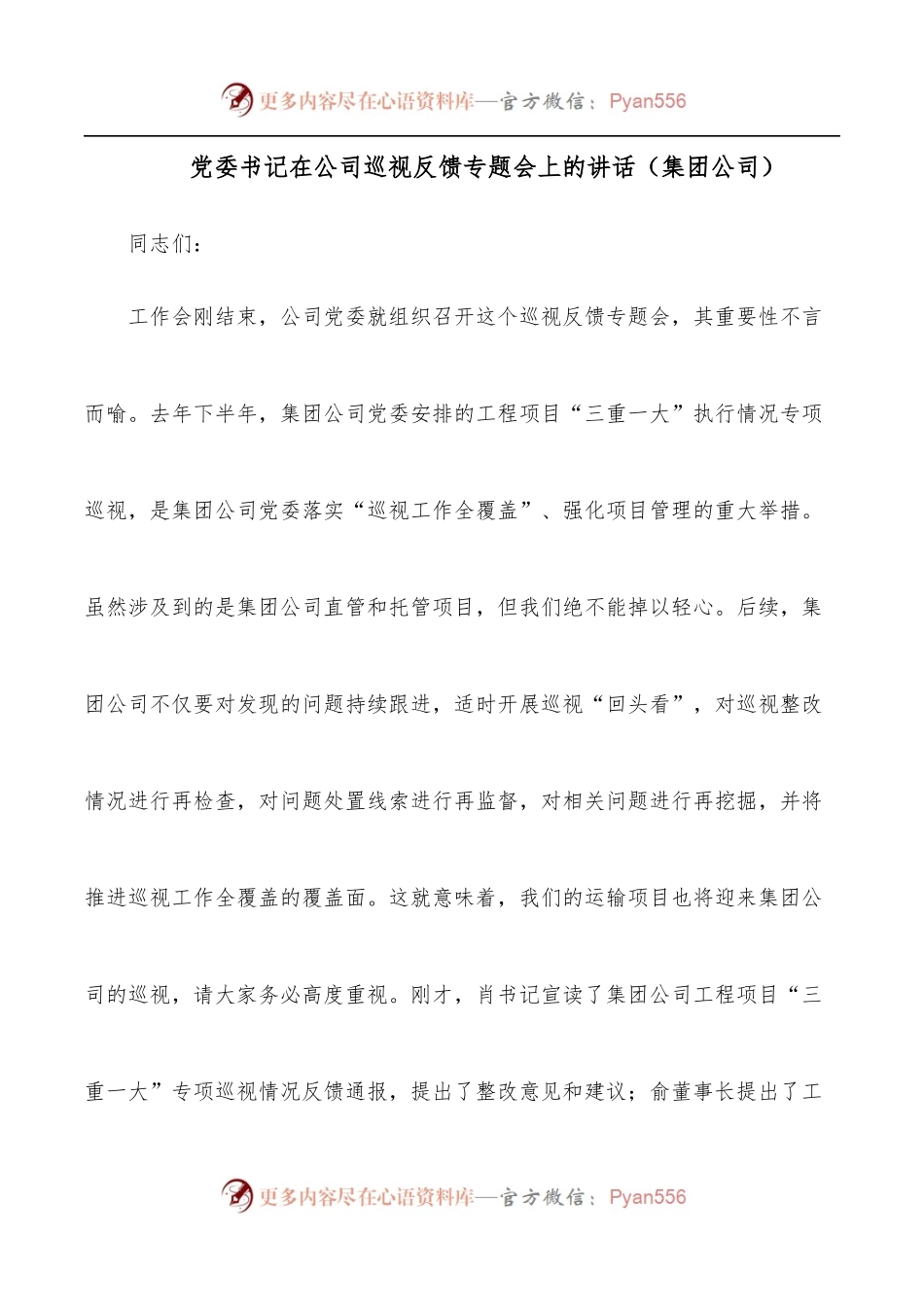 党委书记在公司巡视反馈专题会上的讲话[集团公司].docx_第1页