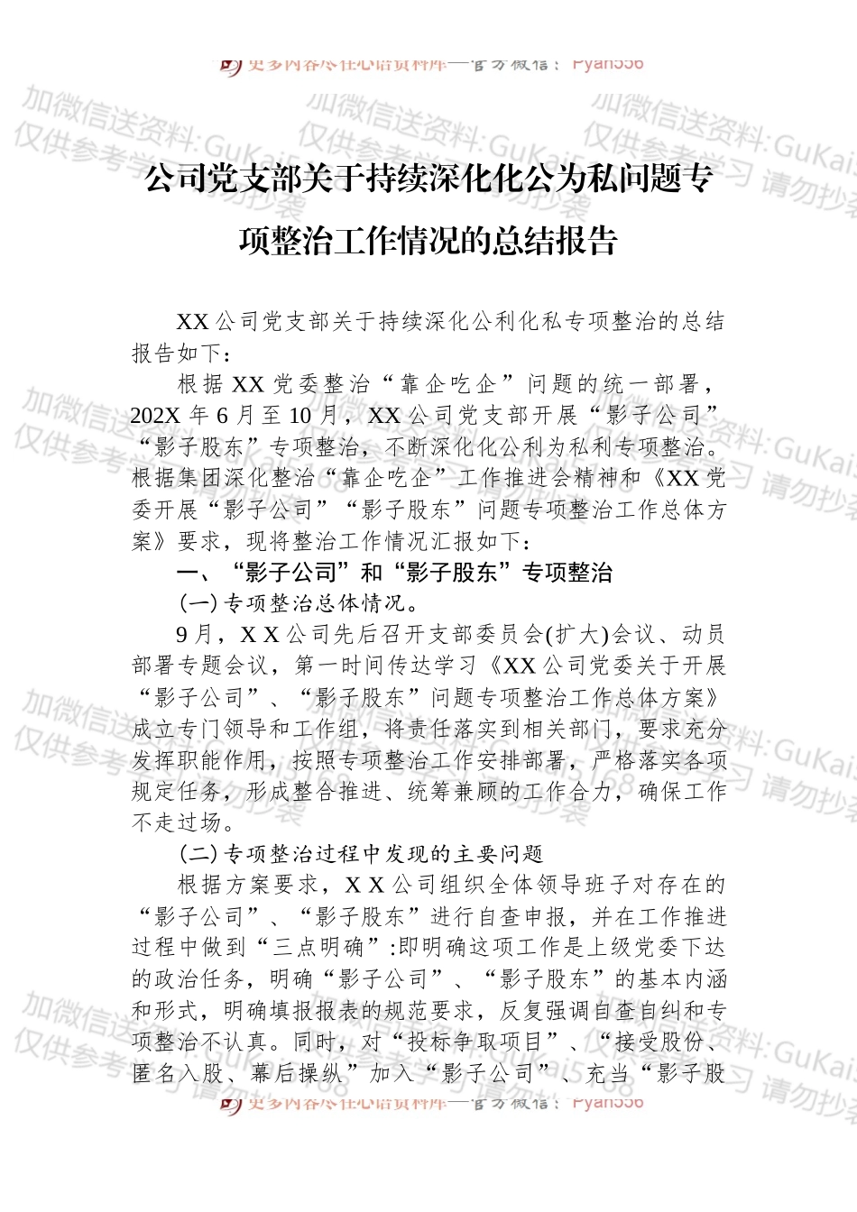 公司党支部关于持续深化化公为私问题专项整治工作情况的总结报告.docx_第1页