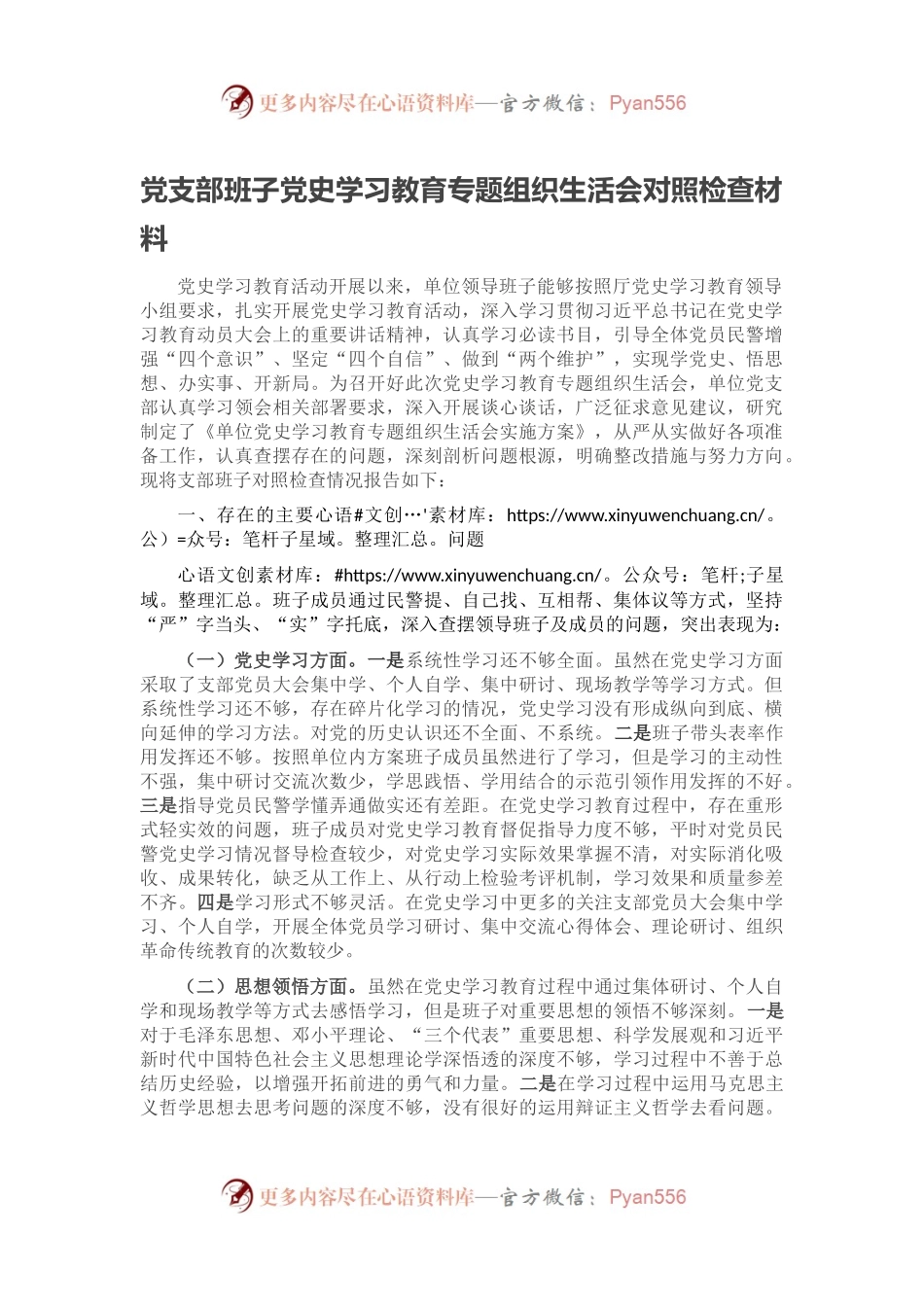 党支部班子党史学习教育专题组织生活会对照检查材料.docx_第1页