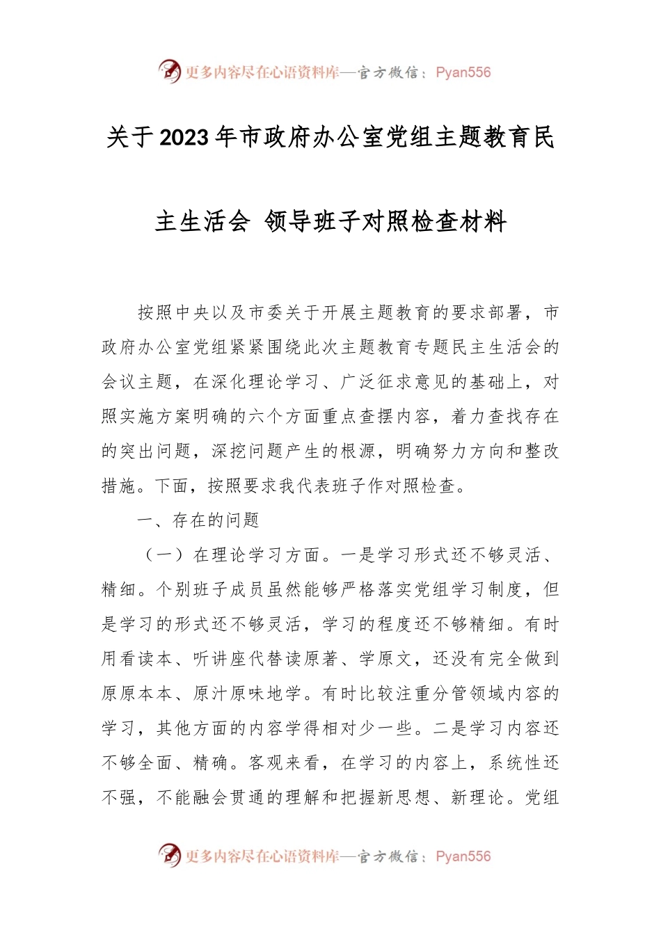 关于2023年市政府办公室党组 主题教育民主生活会 领导班子对照检查材料.docx_第1页