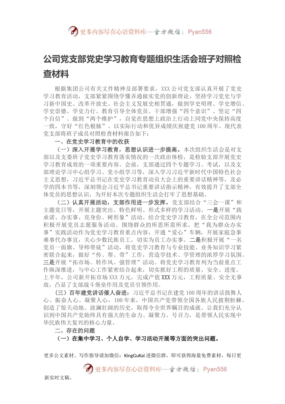 公司党支部党史学习教育专题组织生活会班子对照检查材料.docx_第1页