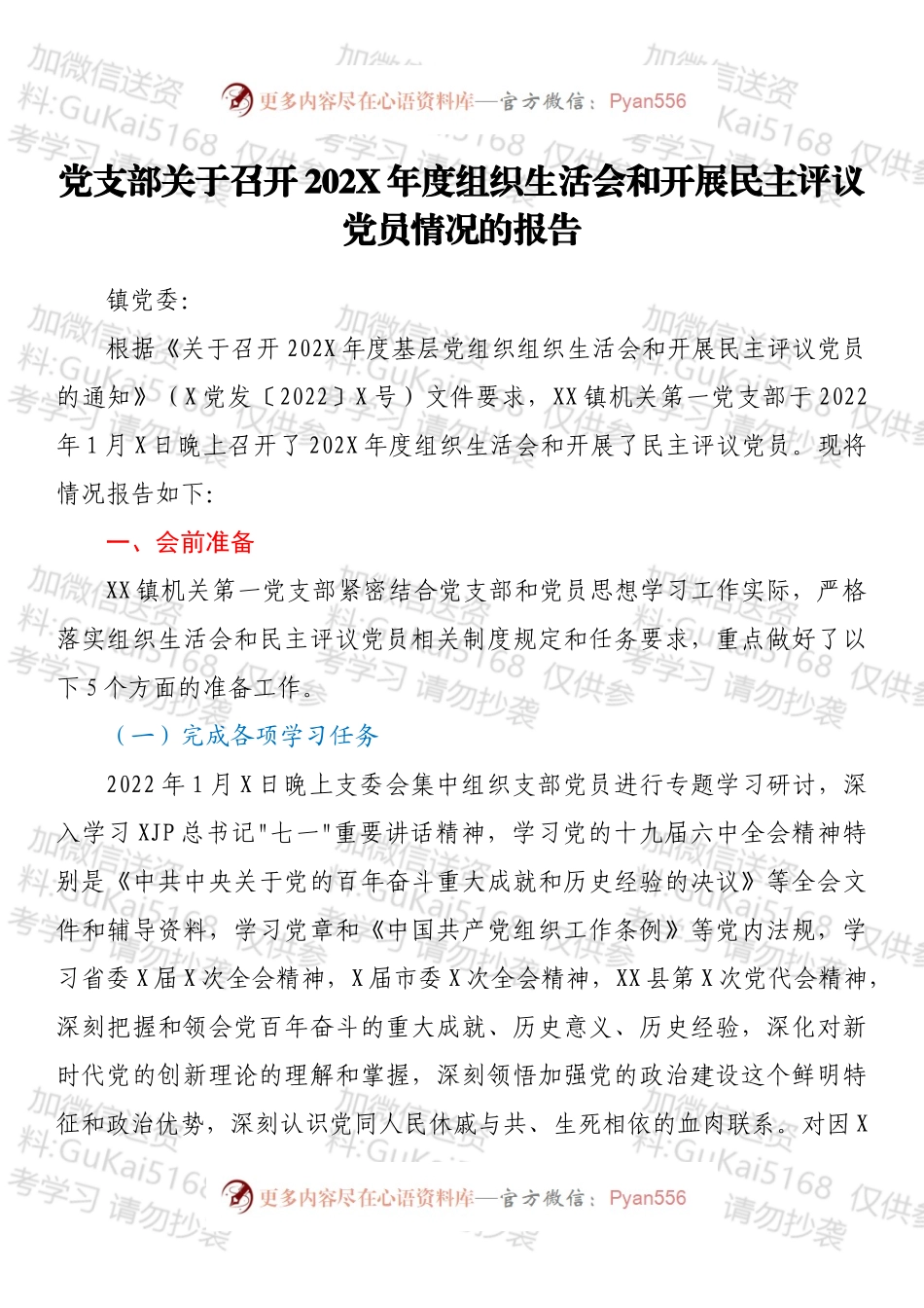党支部关于召开202X年度组织生活会和开展民主评议党员情况的报告.docx_第1页