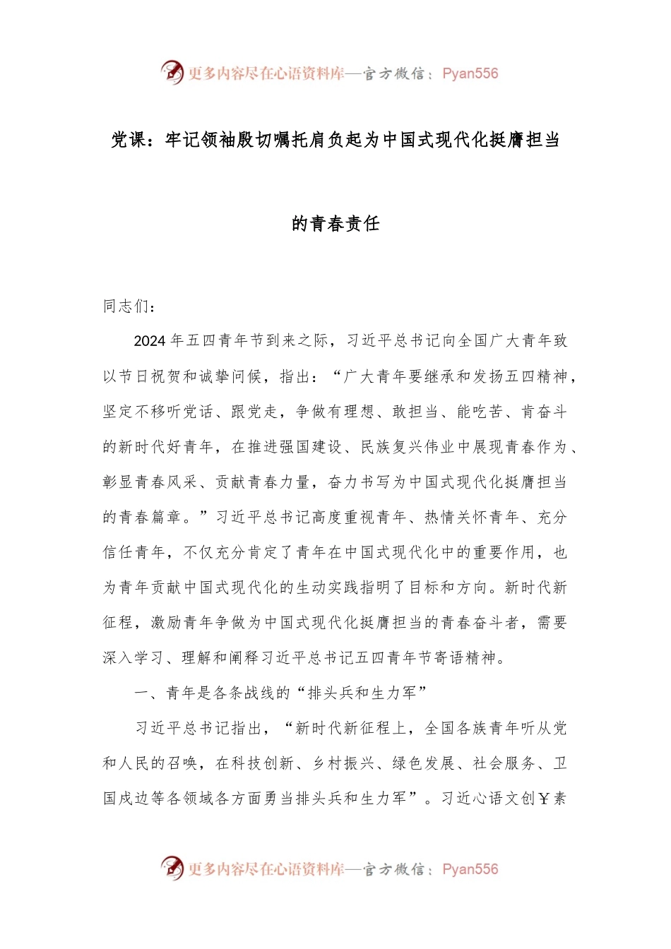 党课：牢记领袖殷切嘱托 肩负起为中国式现代化挺膺担当的青春责任.docx_第1页