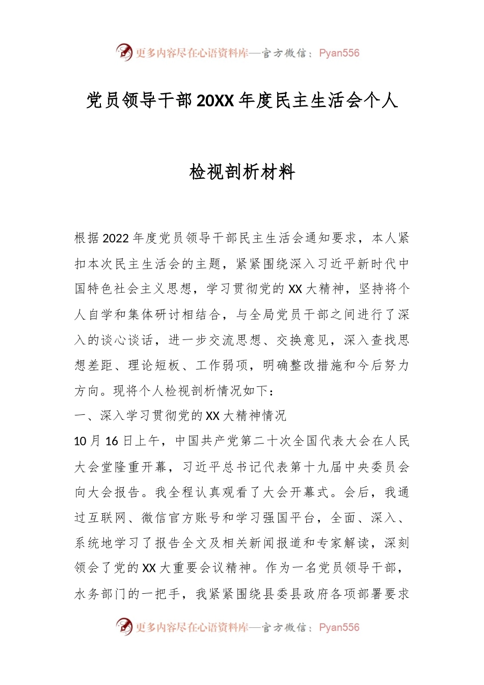 党员领导干部20XX年度民主生活会个人检视剖析材料.docx_第1页