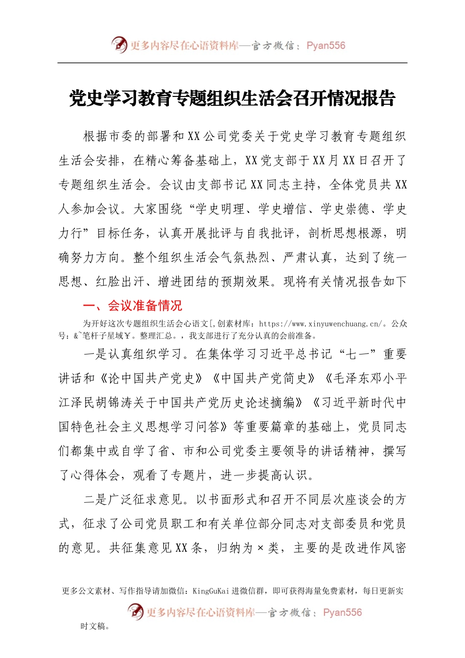 党史专题组织生活会召开情况总结报告.docx_第1页
