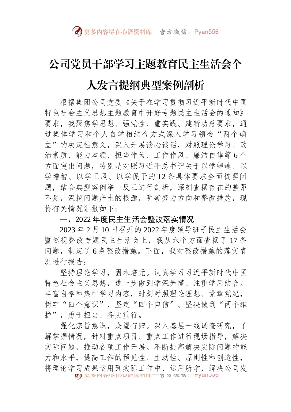 公司党员干部学习主题教育民主生活会个人发言提纲典型案例剖析.docx_第1页