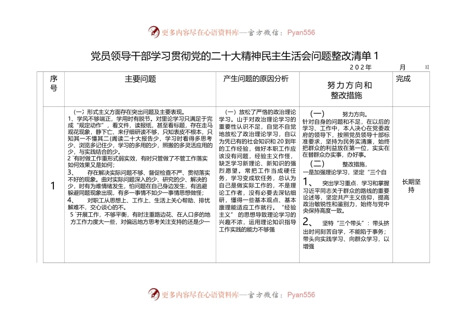 党员领导干部学习贯彻党的二十（da）精神民主生活会问题整改清单.docx_第1页