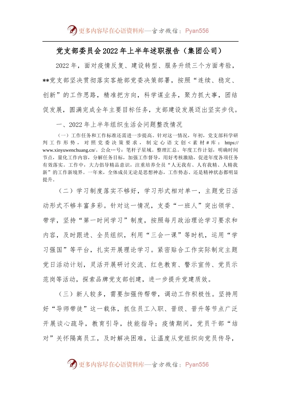 党支部委员会2022年上半年述职报告[集团公司][2].docx_第1页