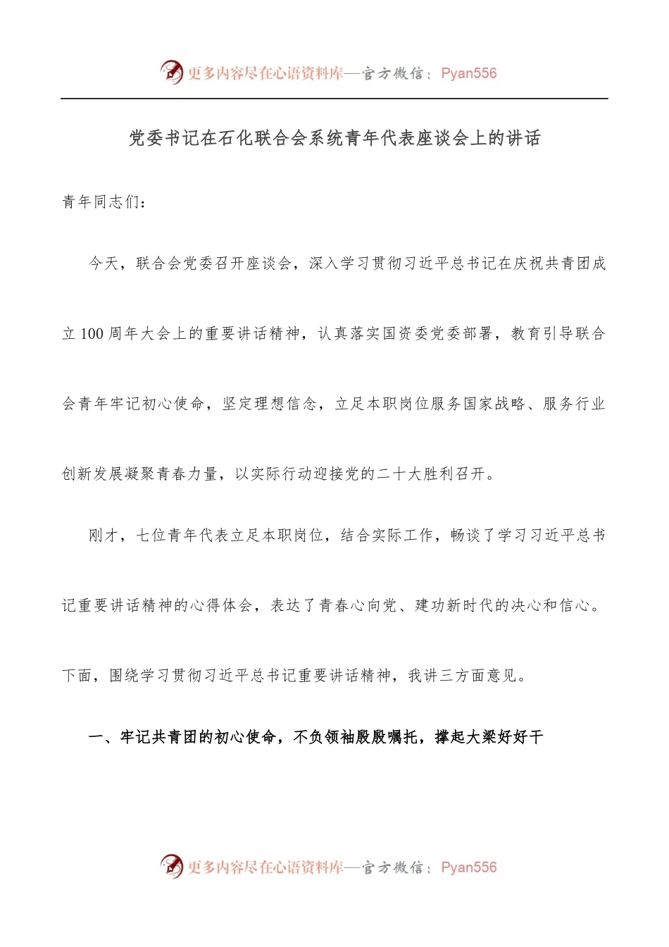 党委书记在石化联合会系统青年代表座谈会上的讲话.docx_第1页