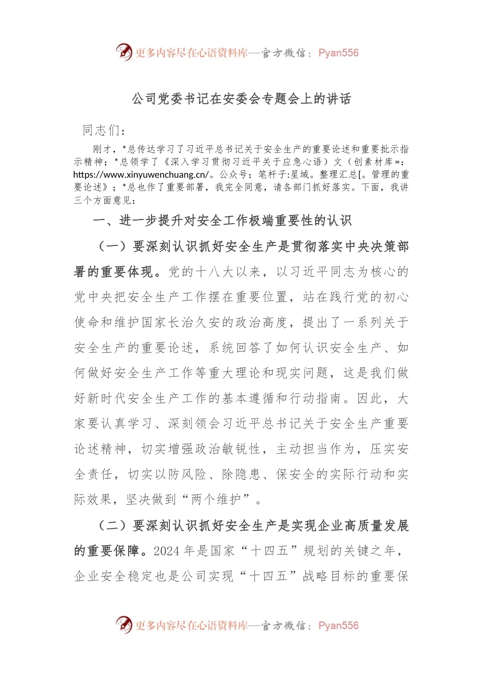 公司党委书记在安委会专题会上的讲话.docx_第1页
