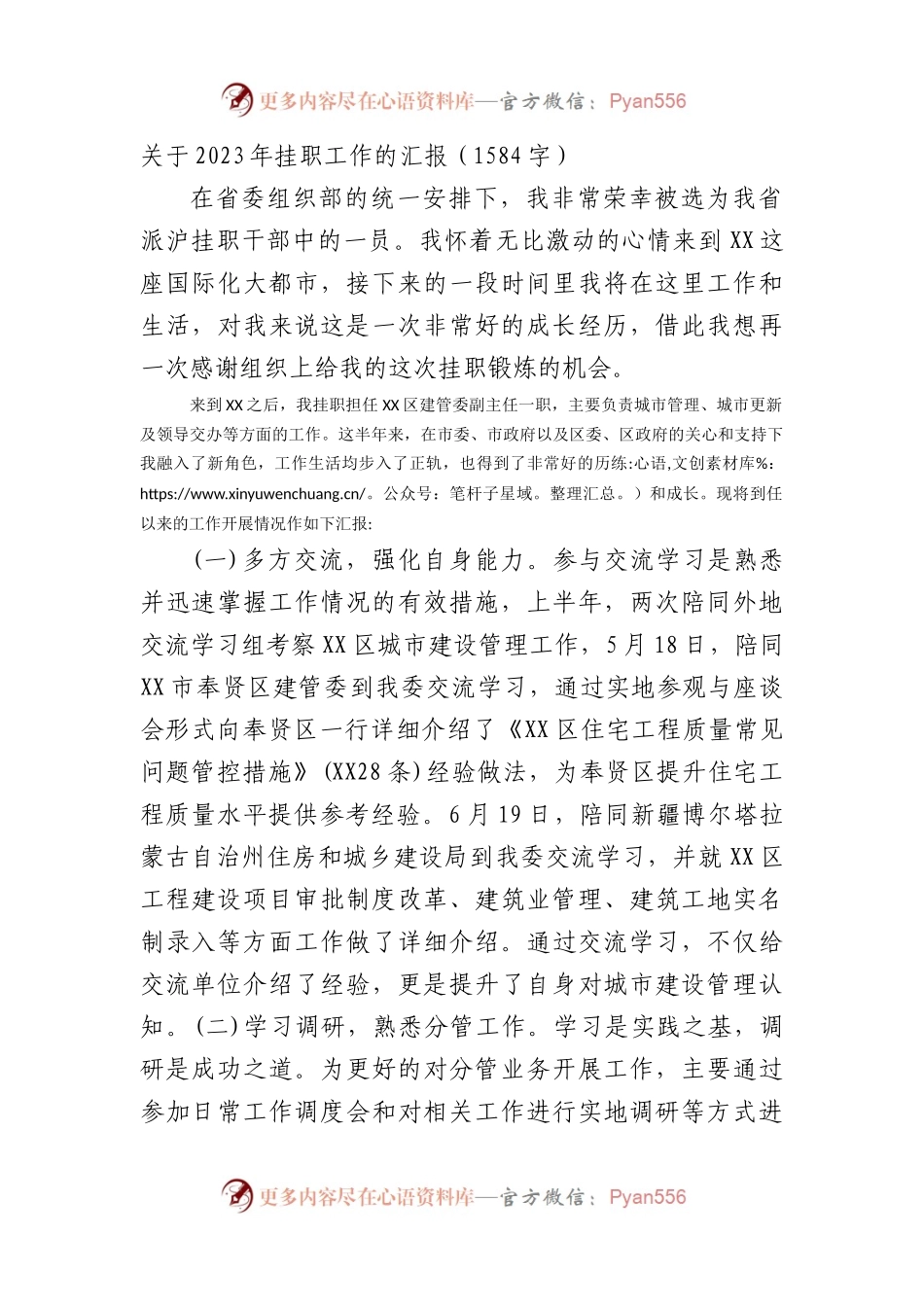 关于2023年挂职工作的汇报.docx_第1页