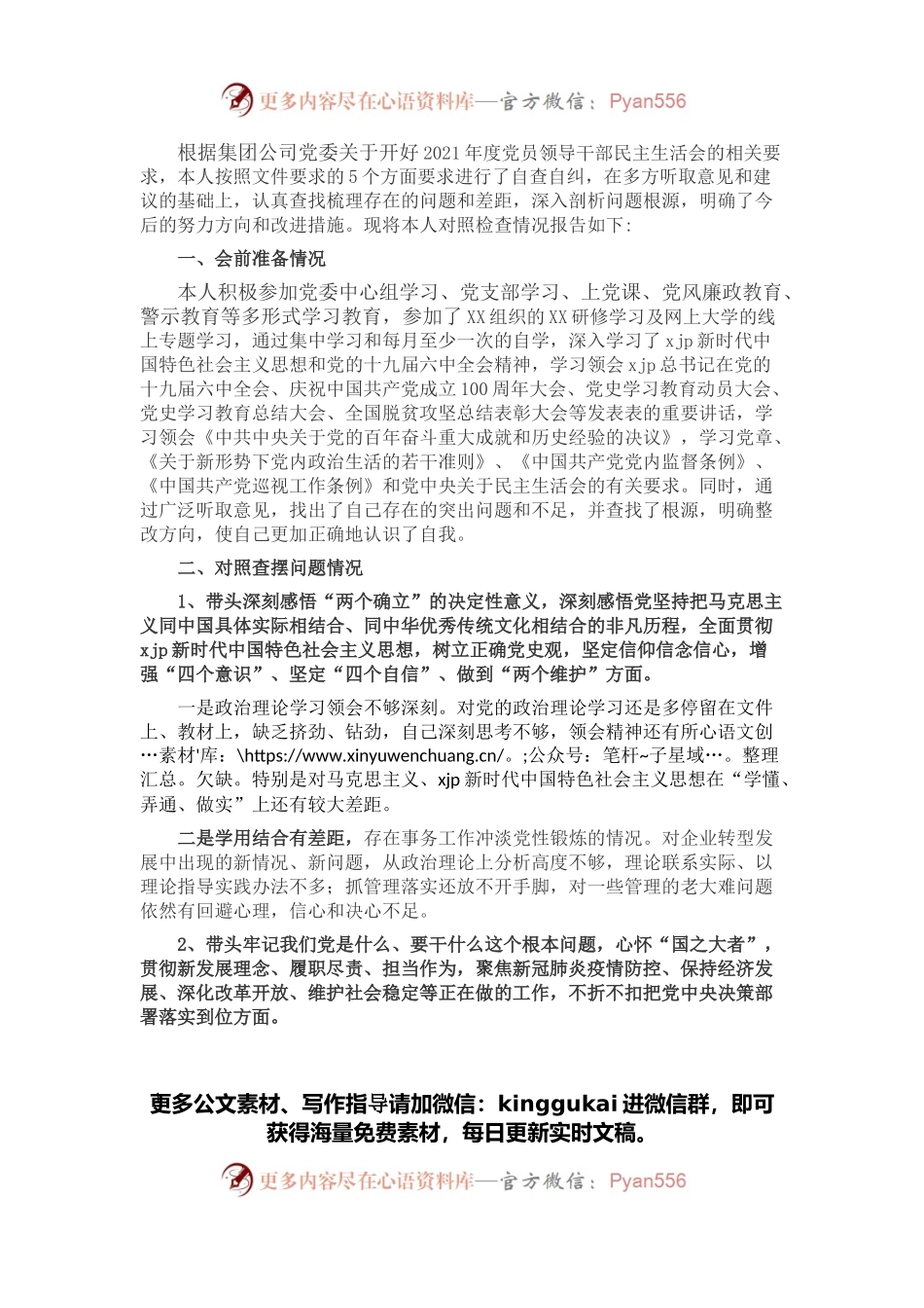 公司领导2021年党史学习教育专题民主生活会对照检查材料.docx_第1页