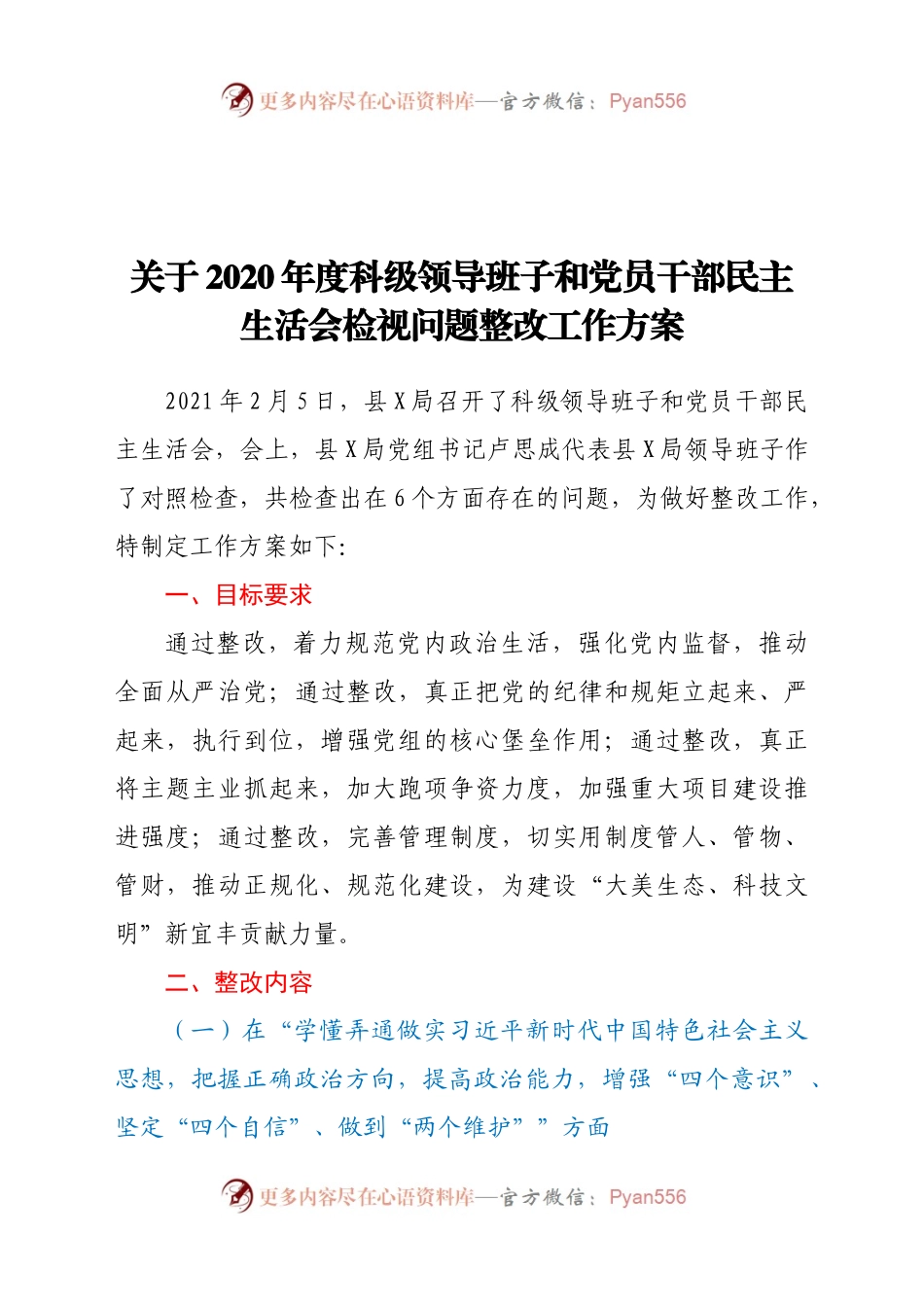 关于2020年度科级领导班子和党员干部民主生活会检视问题整改工作方案.docx_第1页
