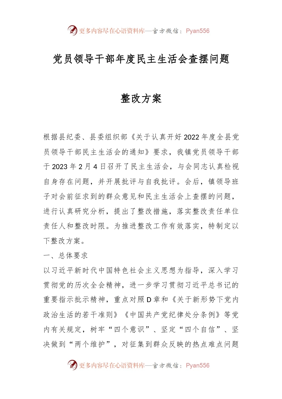 党员领导干部年度民主生活会查摆问题整改方案.docx_第1页