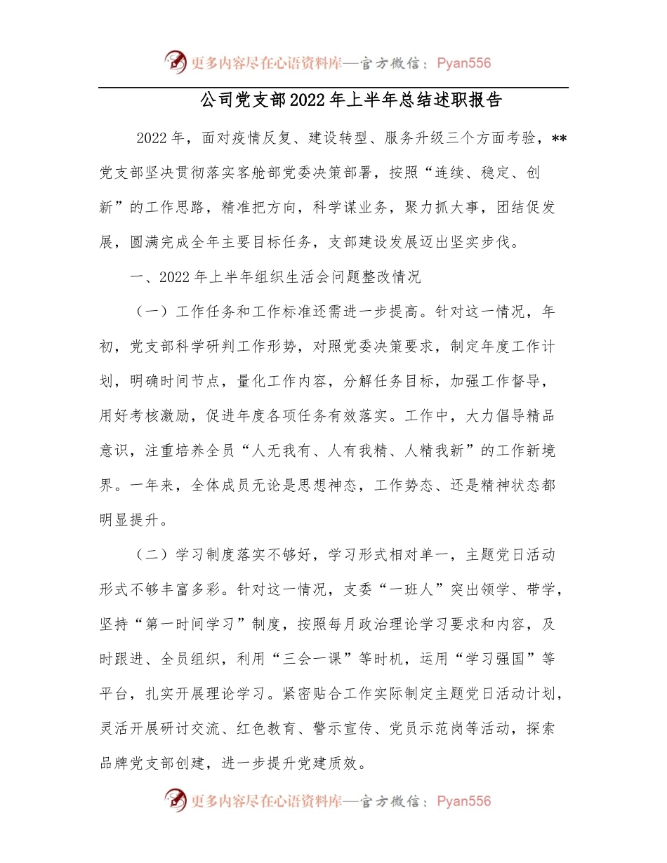公司党支部2022年上半年总结述职报告.docx_第1页