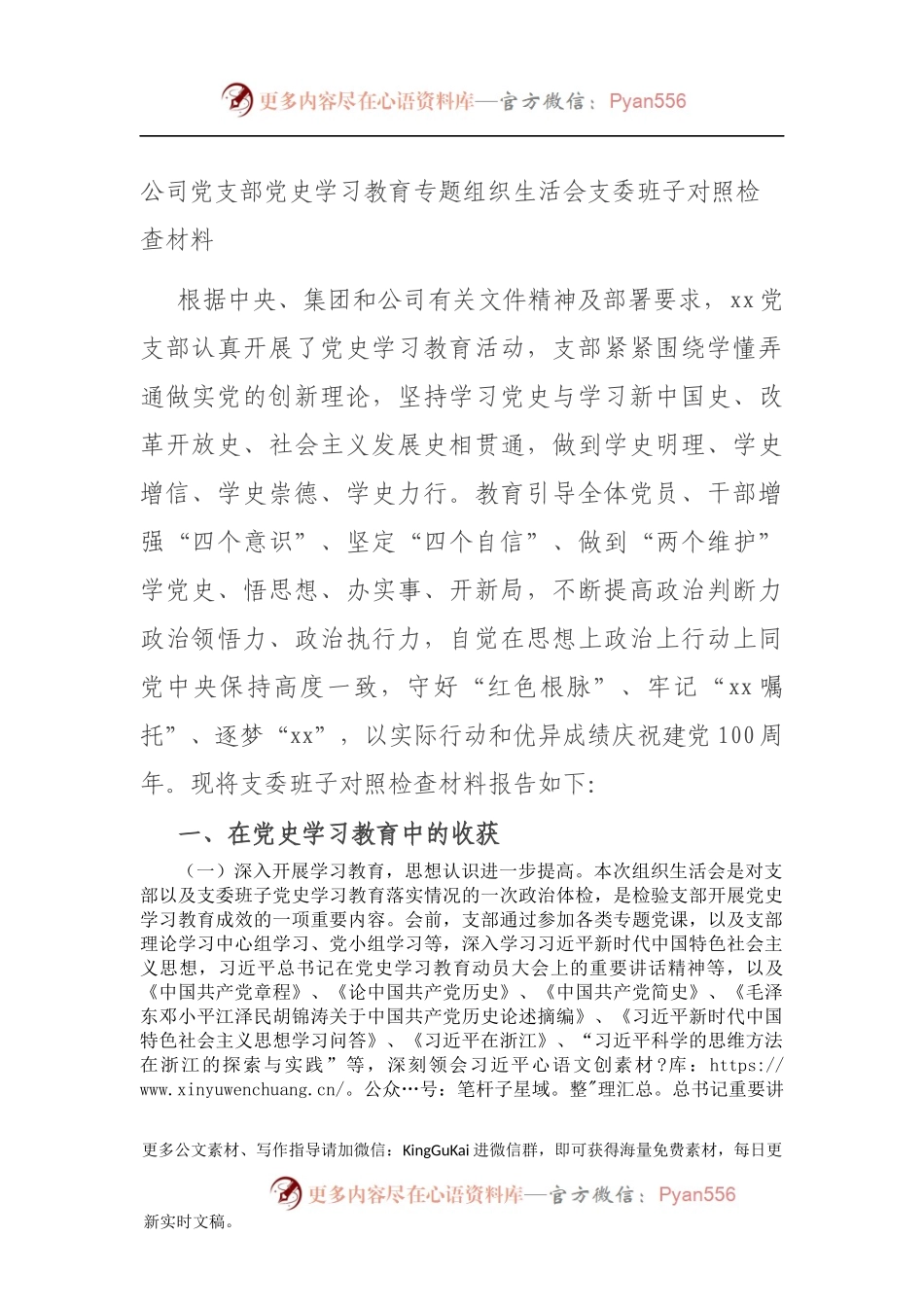 公司党支部党史学习教育专题组织生活会支委班子对照检查材料.docx_第1页