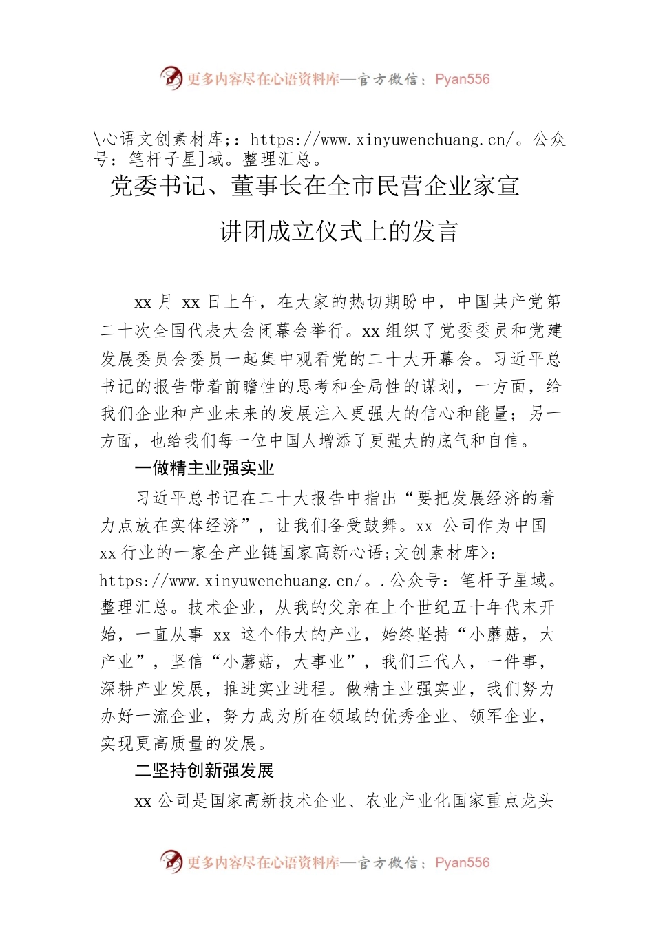 党委书记、董事长在全市民营企业家宣讲团成立仪式上的发言.docx_第1页