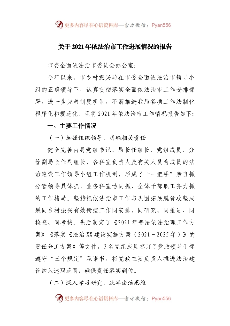 关于2021年依法治市工作进展情况的报告.docx_第1页