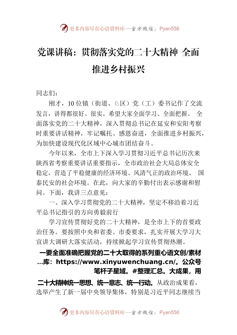 党课讲稿：贯彻落实党的二十大精神 全面推进乡村振兴.docx_第1页