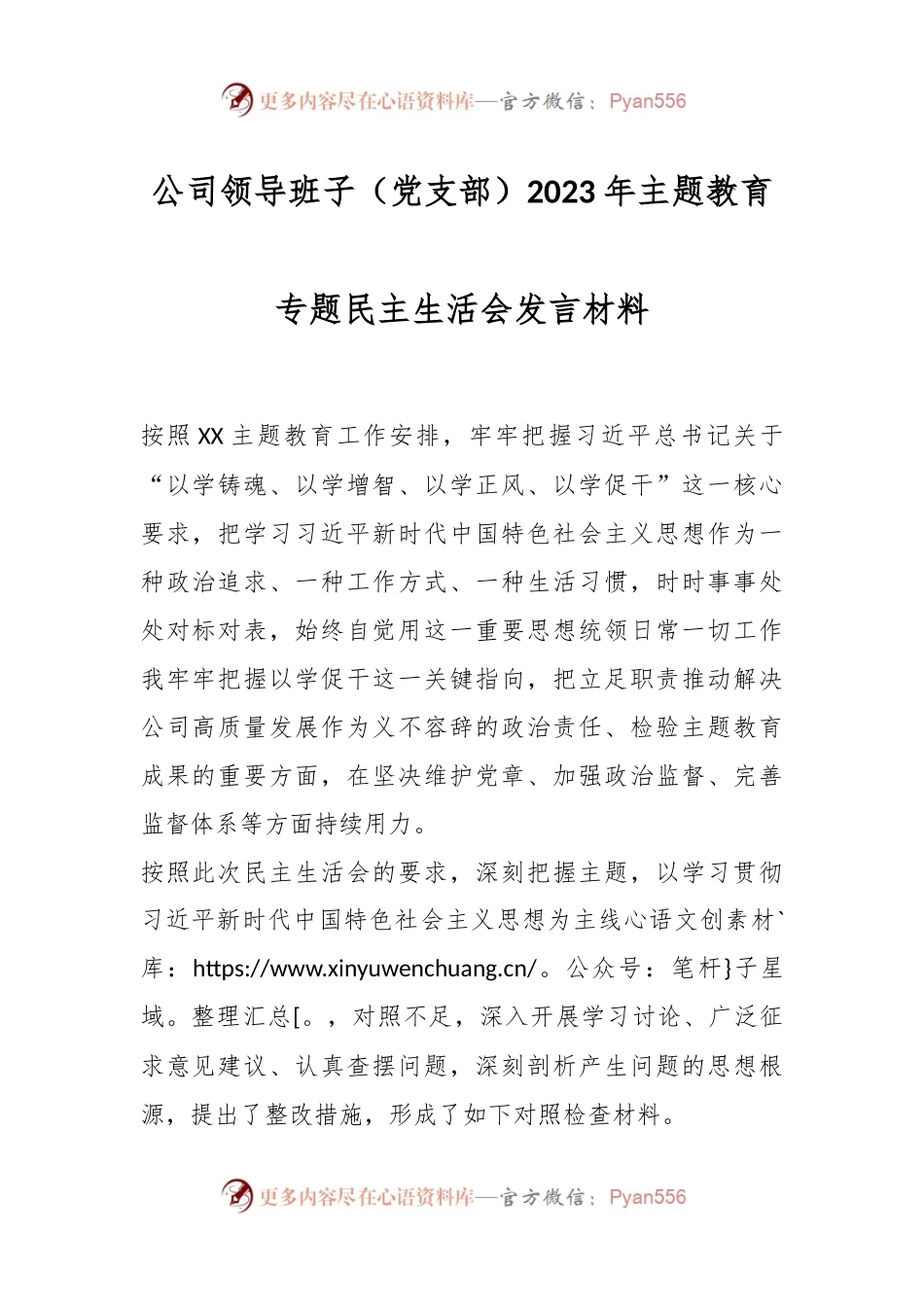 公司领导班子（党支部）2023年主题教育专题民主生活会发言稿材料.docx_第1页