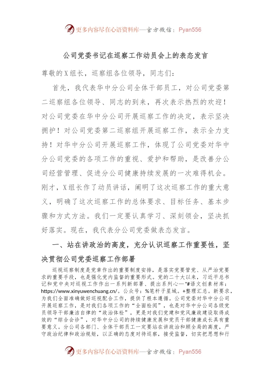 公司党委书记在巡察工作动员会上的表态发言.docx_第1页