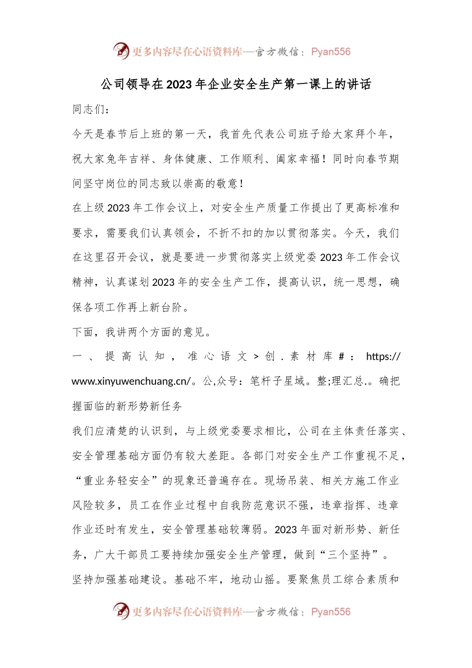 公司领导在2023年企业安全生产第一课上的讲话.docx_第1页